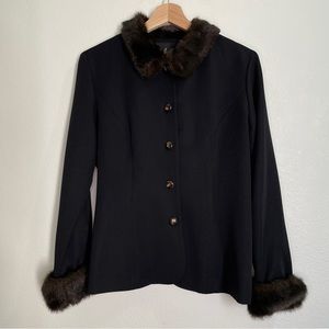 Vintage Positive Attitude Petite Black Suit Jacket Brown Faux Fur Collar & Cuffs